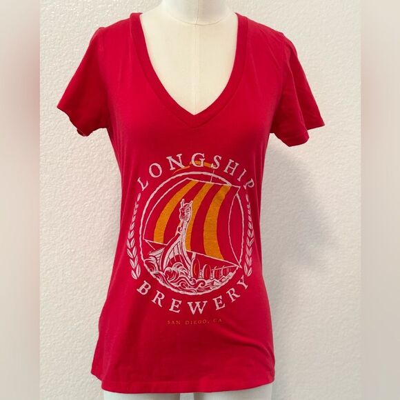 Longship Brewery San Diego Women's Red V-Neck Top, 100% Cotton, Size Large - Picture 1 of 5